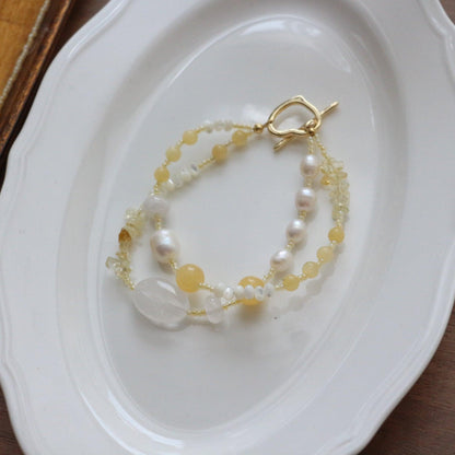 Sweet Light Luxury Yellow Crystal Beads Necklace – Natural Pearls Collarbone Chain Niche Bracelet