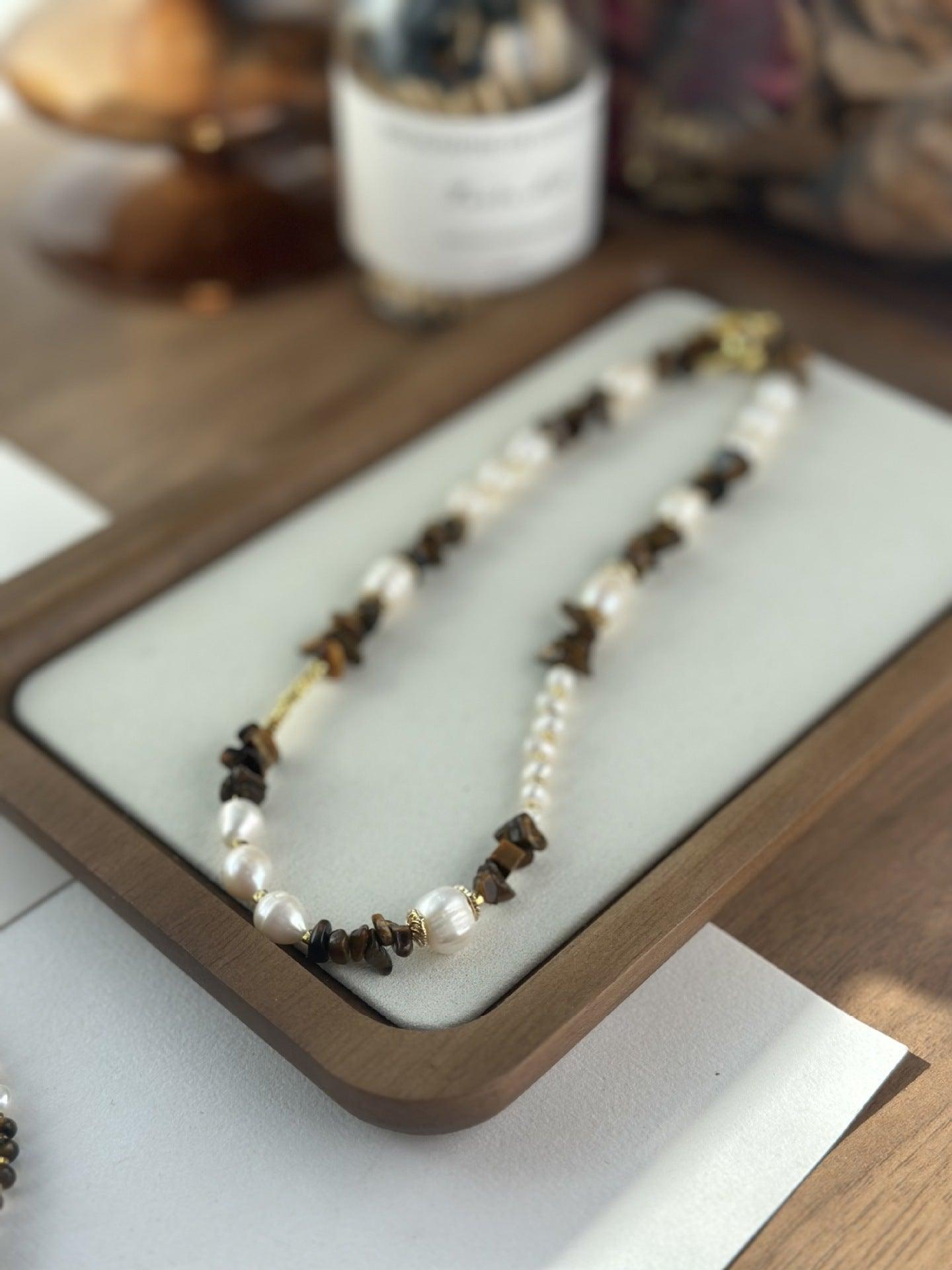 Tiger Eye & Malard Brown Coffee Natural Stone Beaded Necklace – Handcrafted Original Niche Accessory