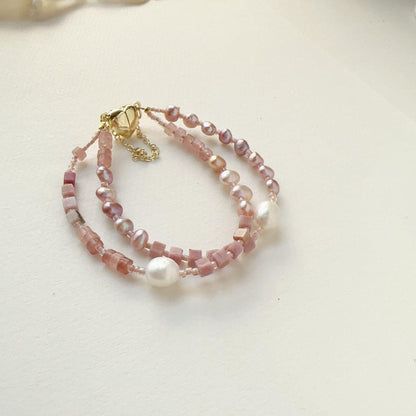 Pale Pink Colored Light Baroque Pearl Double Layer Bracelet – Natural Stone Beaded Sweetness