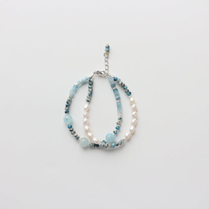 Aquamarine Blue Ore Beaded Necklace & Freshwater Baroque Pearl Bracelet Set | Short Necklace