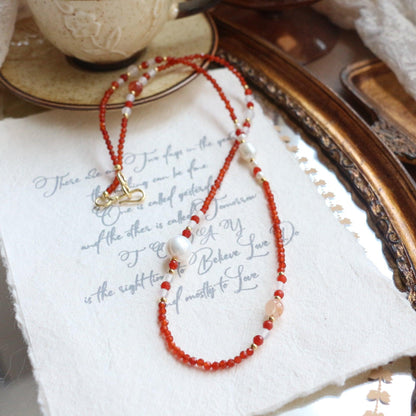 Handcrafted Vintage White Agate and Red Agate Sweater Chain with Red Resin Flower and Pearl Bead Necklace – Versatile Long Neck Chain