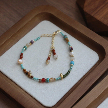 Yellow Crystal & Green Turquoise Beaded Necklace with Red Agate, Czech Beads & Freshwater Baroque Pearl Bracelet