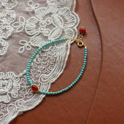 New Chinese Style Natural Turquoise Beaded Red Agate Necklace Bracelet Collarbone Chain