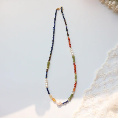 Rustic Colorful Natural Stone Beaded Necklace & Double Layer Bracelet – Unique Boho Style Jewelry