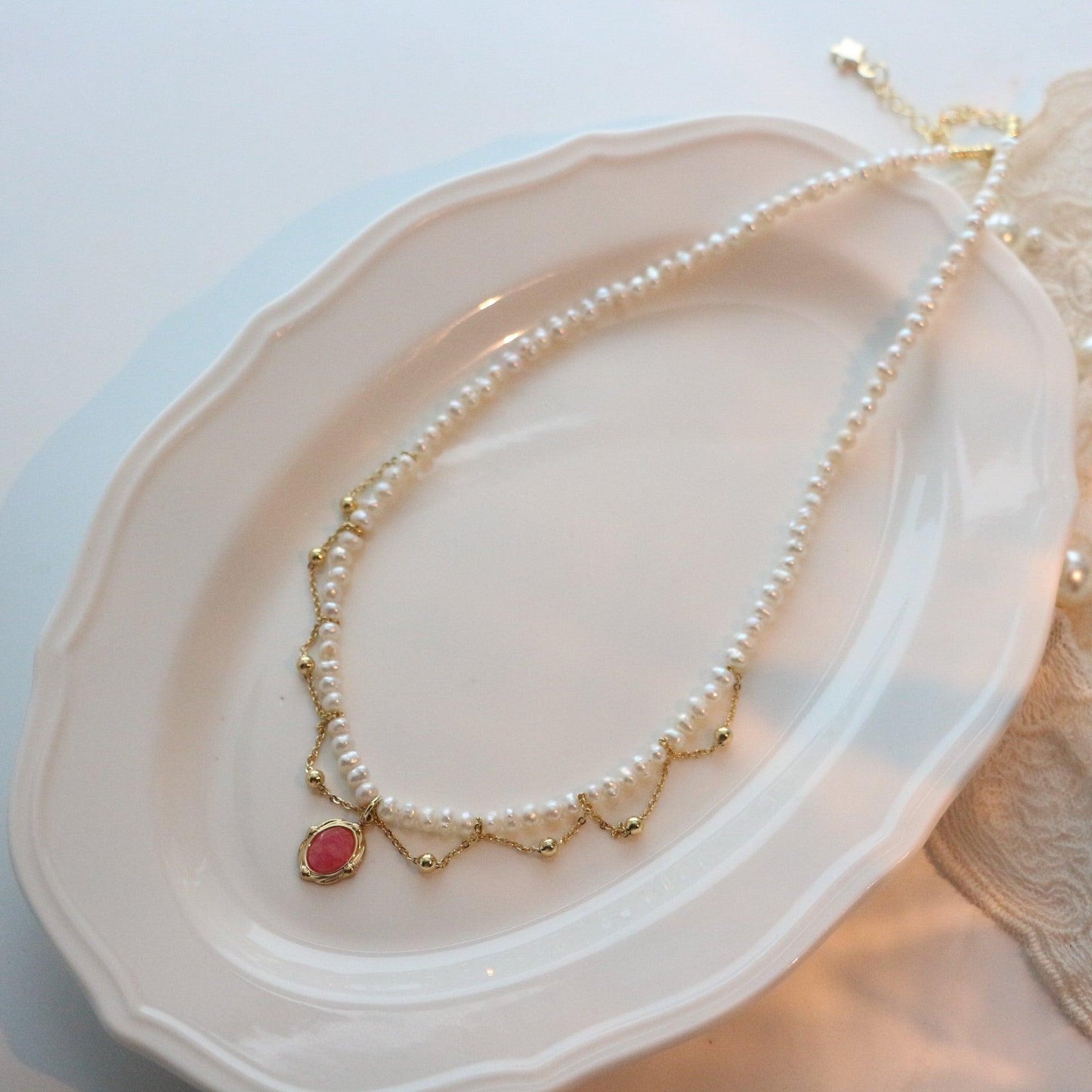 Sweet Vintage Red Agate Necklace with Natural Freshwater Pearl Bracelet - Individualized Charm