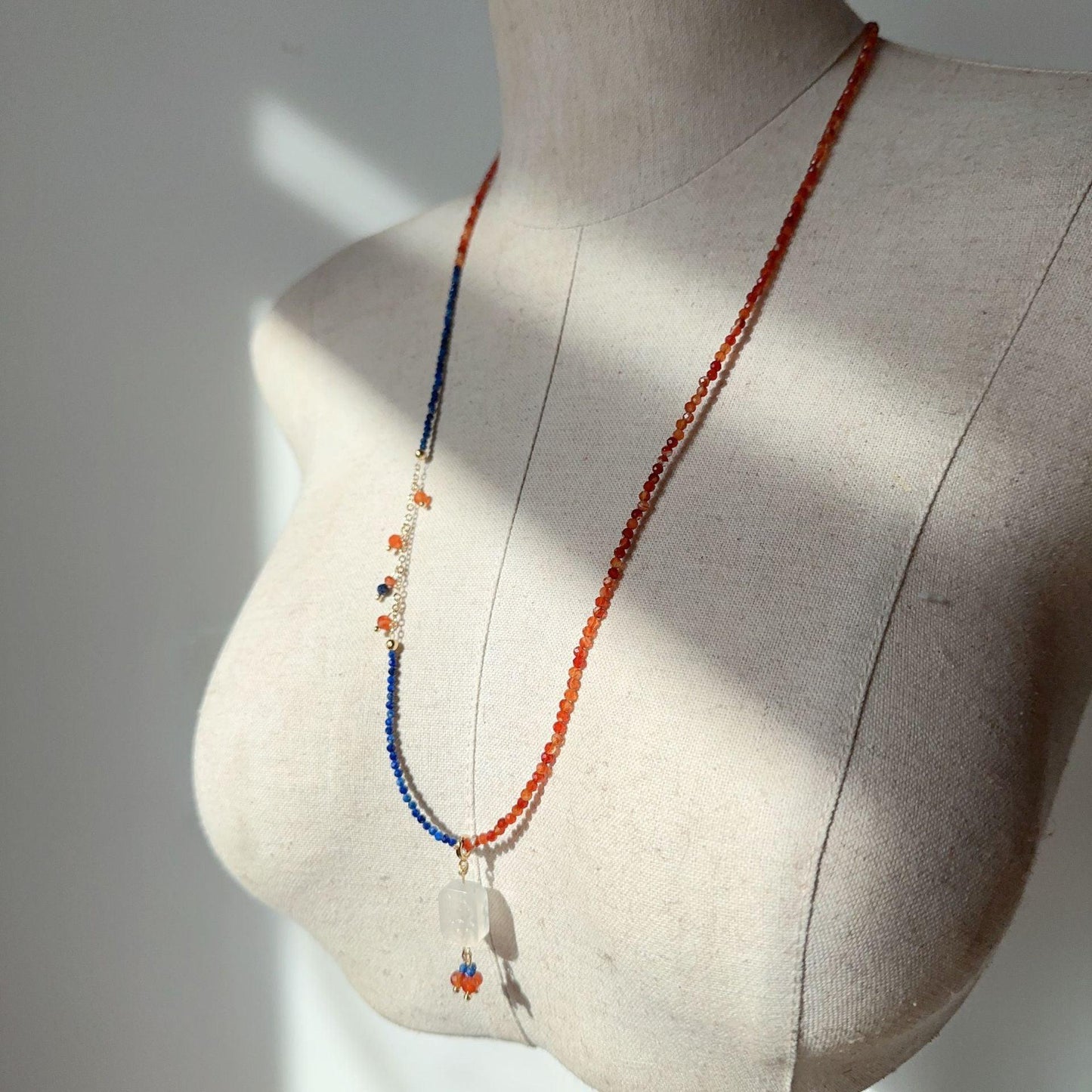 Vintage Lapis Lazuli, Red Orange Agate & White Agate Sweater Chain Necklace – Dunhuang-Inspired Beaded Jewelry Collection