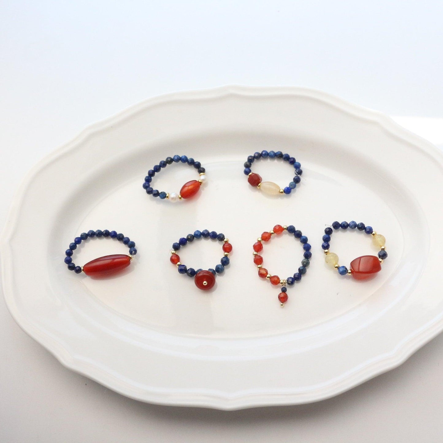 New Chinese Ethnic Style Lapis Lazuli & Yellow Crystal Bracelet – Dunhuang Style Red Agate Beaded Ring