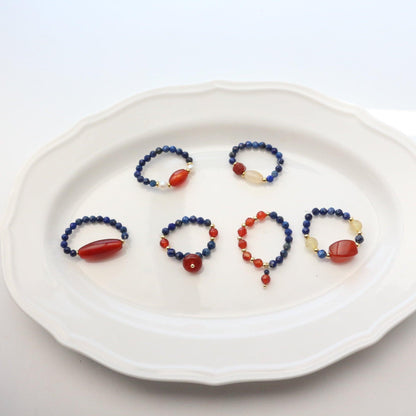 New Chinese Ethnic Style Lapis Lazuli & Yellow Crystal Bracelet – Dunhuang Style Red Agate Beaded Ring