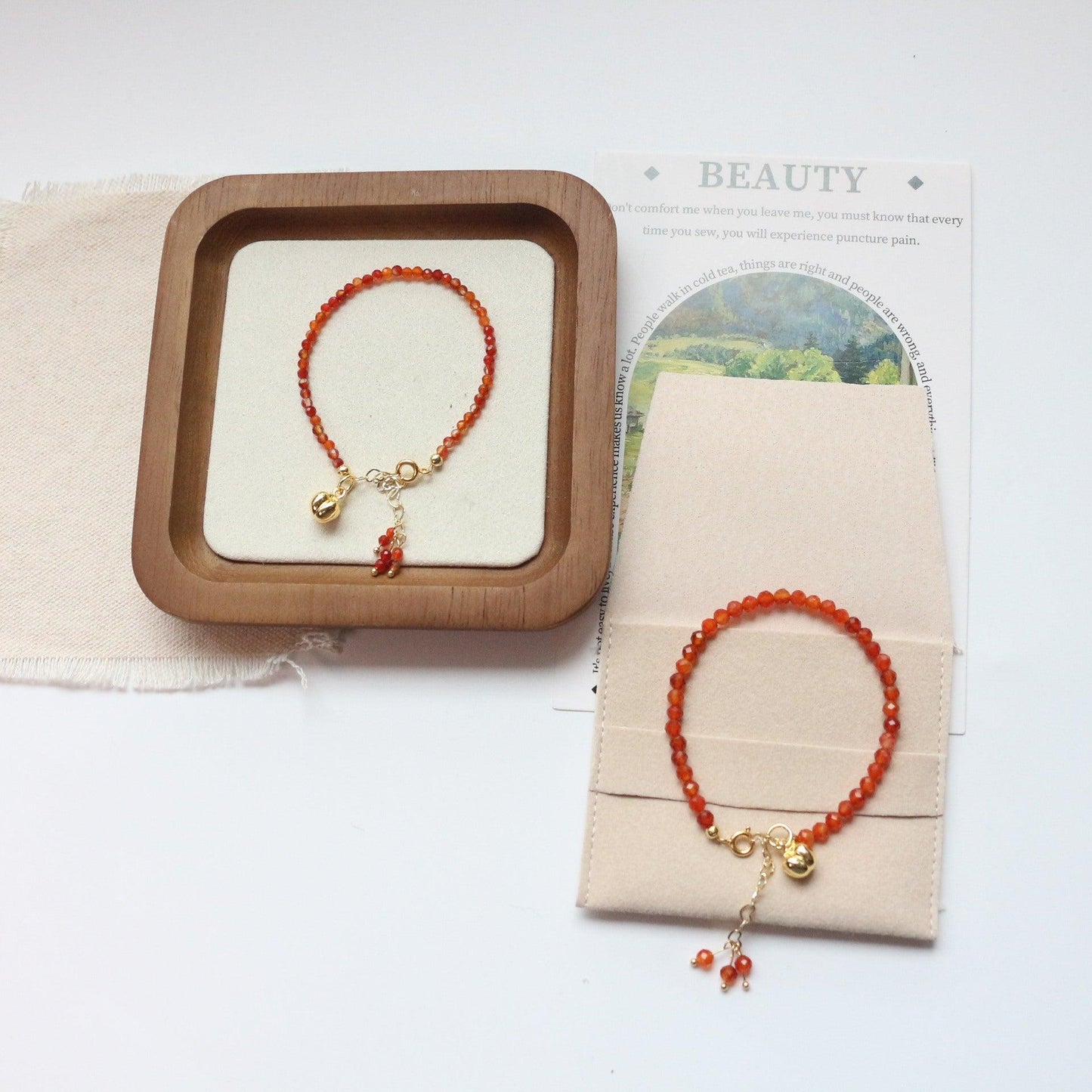 Small Gold Persimmon Pendant Bracelet – Retro Country Style with Orange Red Agate, Green, and Blue Natural Stone Beads