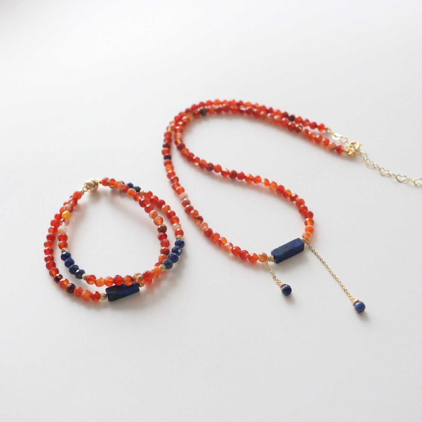 Red Orange Agate & Lapis Lazuli Pendant Necklace – Dunhuang Beaded Bracelet Series in Blue & Orange Color Scheme