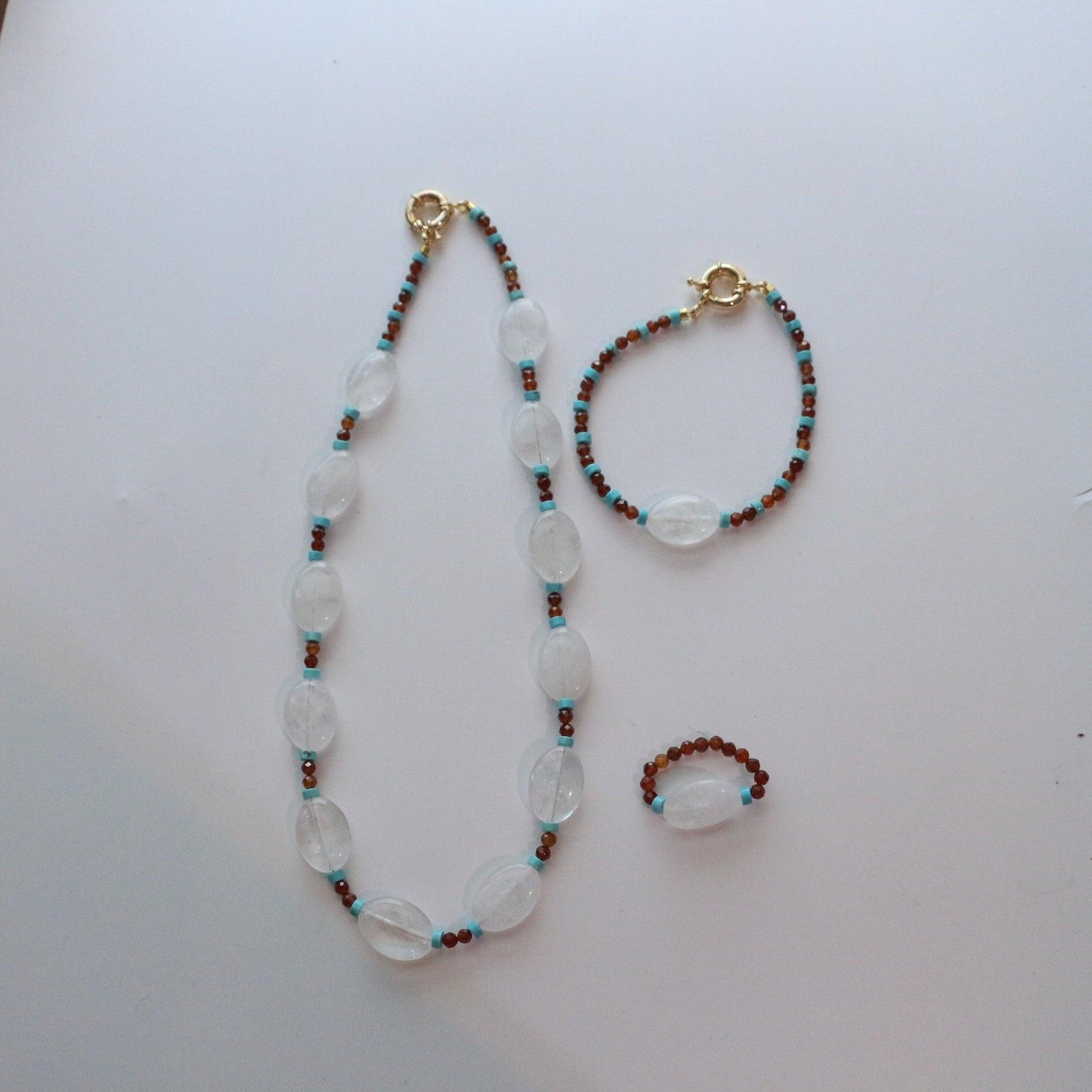 Oval White Crystal Natural Turquoise Beaded Handmade Necklace Ring Bracelet Set