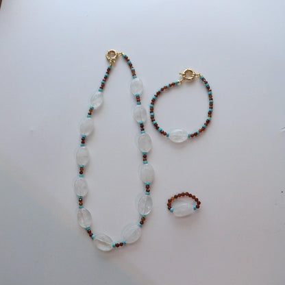 Oval White Crystal Natural Turquoise Beaded Handmade Necklace Ring Bracelet Set