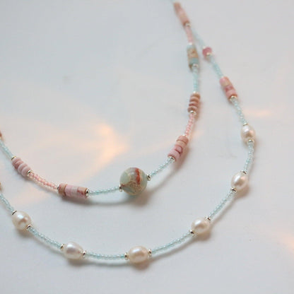 Pink Striped Stone White Jade Shell Bead Necklace – Elegant Handmade Jewelry