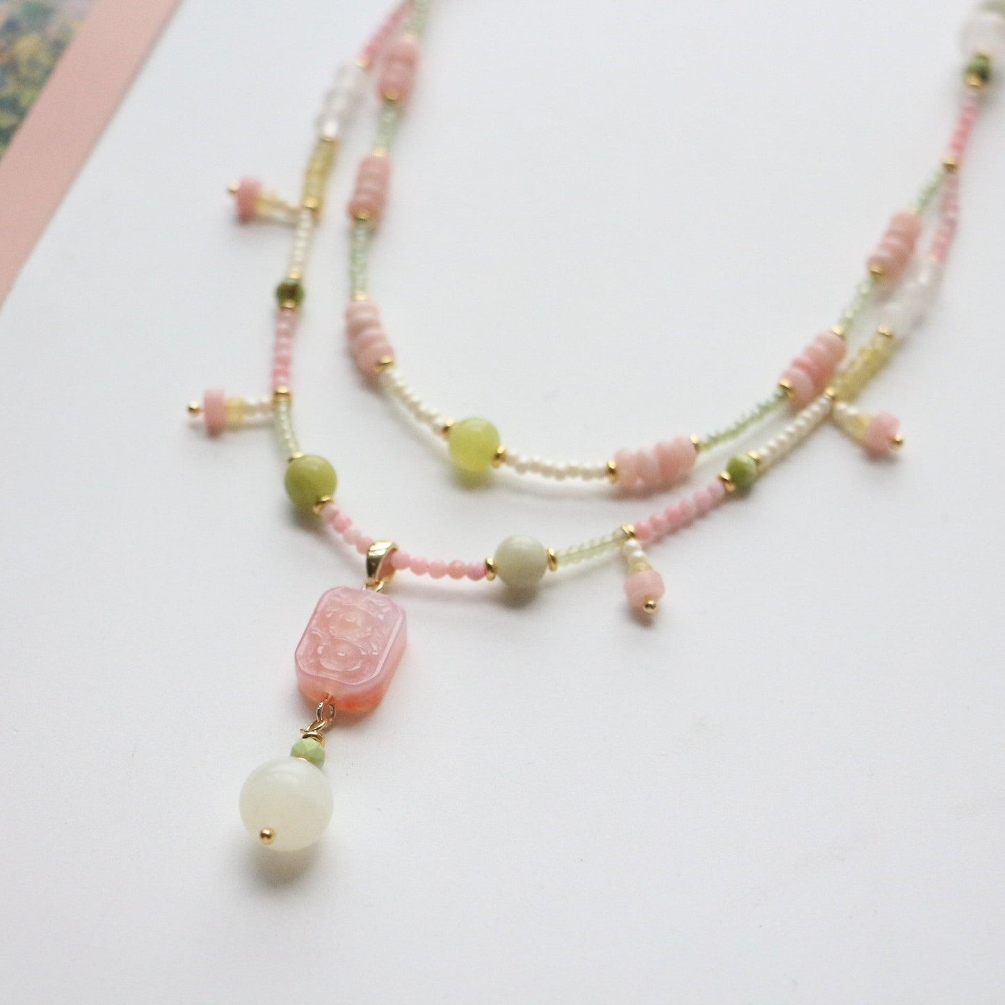 Pink Opal & White Crystal Shaflay Glaze Jade Necklace Bracelet Set – Double Layer Palace Style Natural Stone Pendant