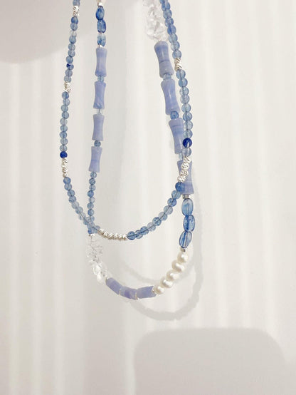 Light Blue Natural Stone Beaded Necklace Handmade Original Niche Jewelry Ink Wind Necklace