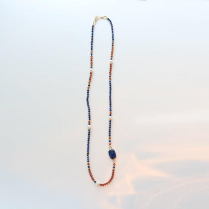 New Orange Garnet, Lapis Lazuli & Baroque Pearl Long Sweater Chain Vintage Necklace – Dunhuang Style for Women