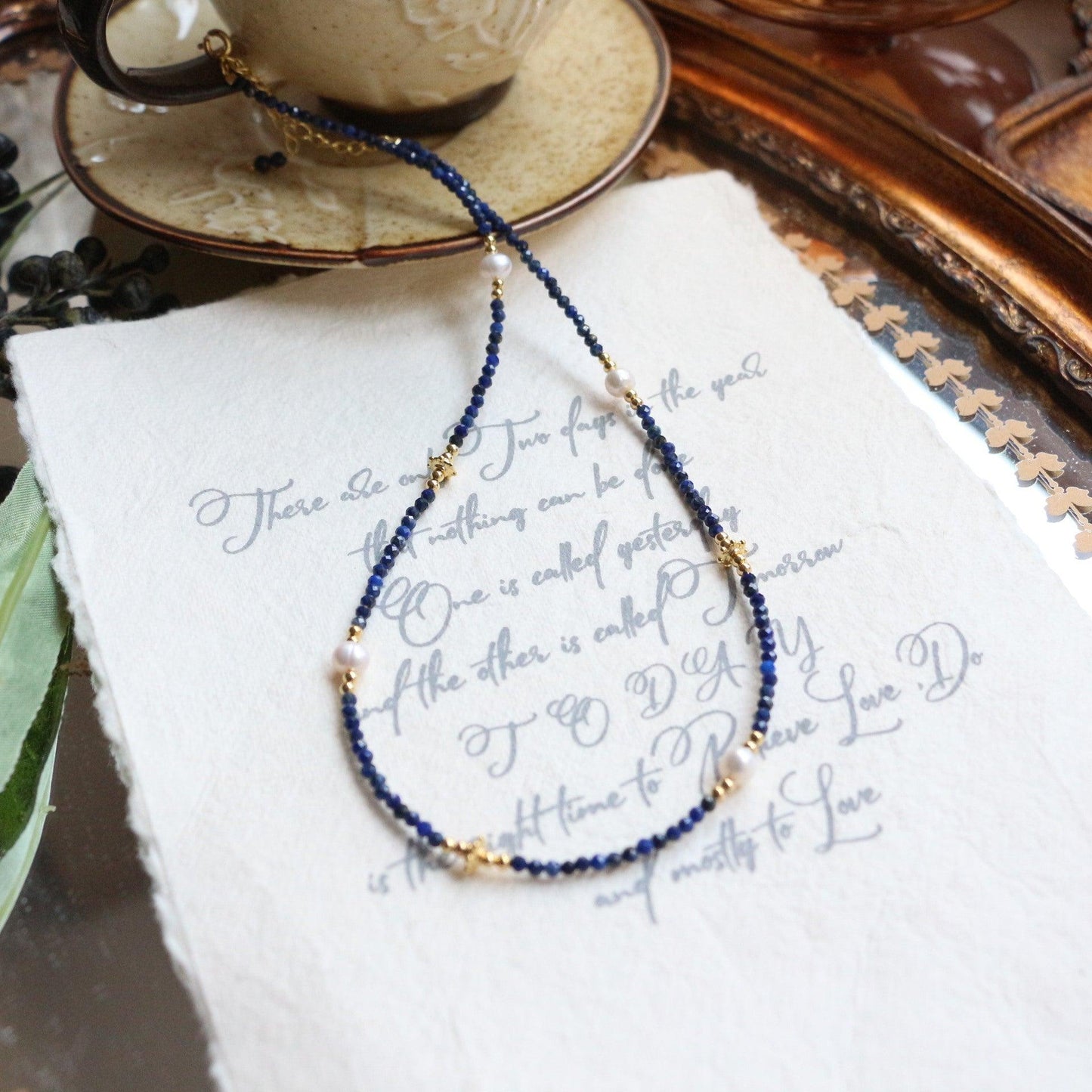 Blue Lapis Lazuli Fine Beaded Necklace | Freshwater Pearl Handmade Jewelry