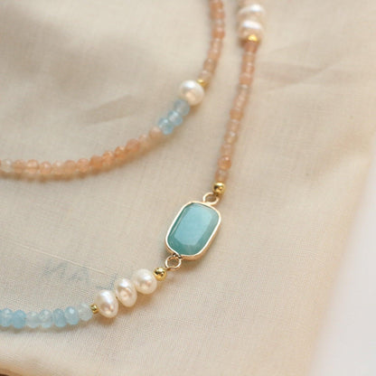 Natural Stone Aquamarine Sunstone Baroque Pearl Sweater Chain Personalized Original Design Beaded Necklace