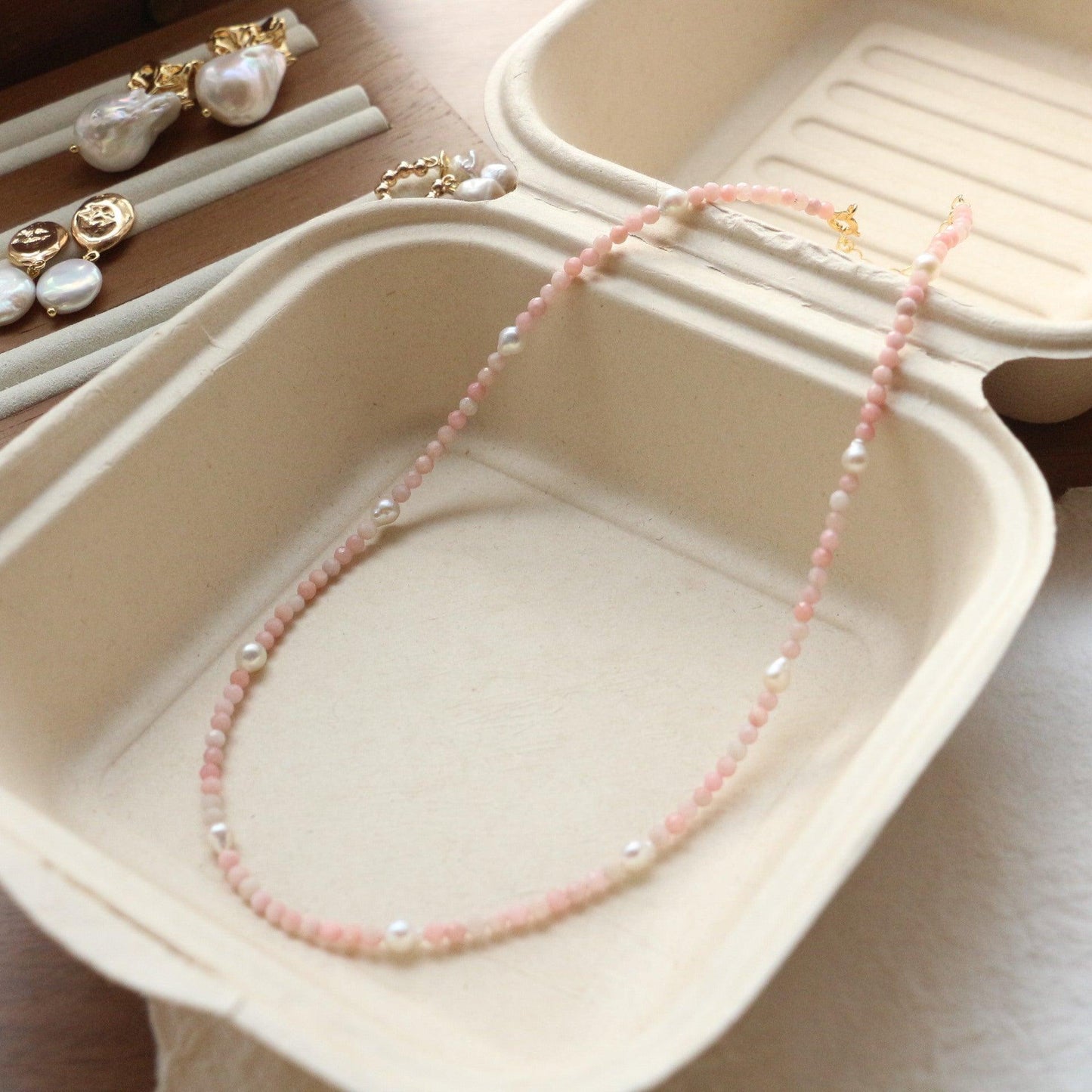 Niche Vintage Natural Stone Beaded Necklace – Handmade Pink Opal & Freshwater Pearls, Original Design