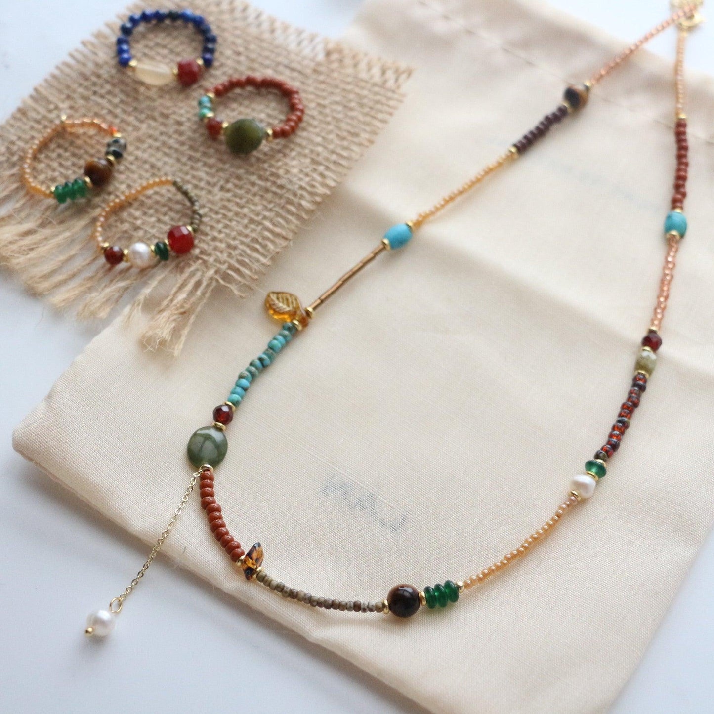 Unique Ethnic Style Handmade Beaded Necklace with Colorful Glass Beads & Pearl Choker