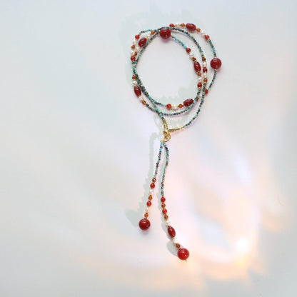 Dunhuang Hand-Beaded Natural Turquoise & Red Agate Necklace with Freshwater Pearl Sweater Chain