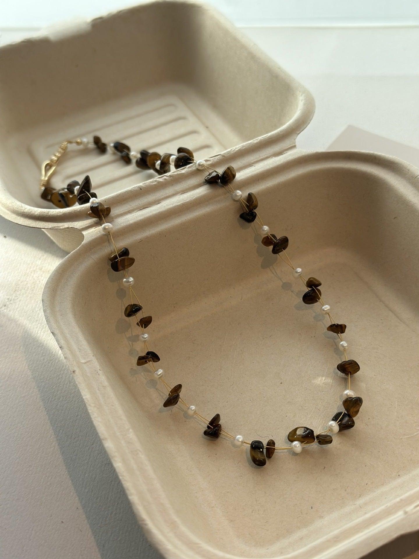 Tiger Eye & Malard Brown Coffee Natural Stone Beaded Necklace – Handcrafted Original Niche Accessory