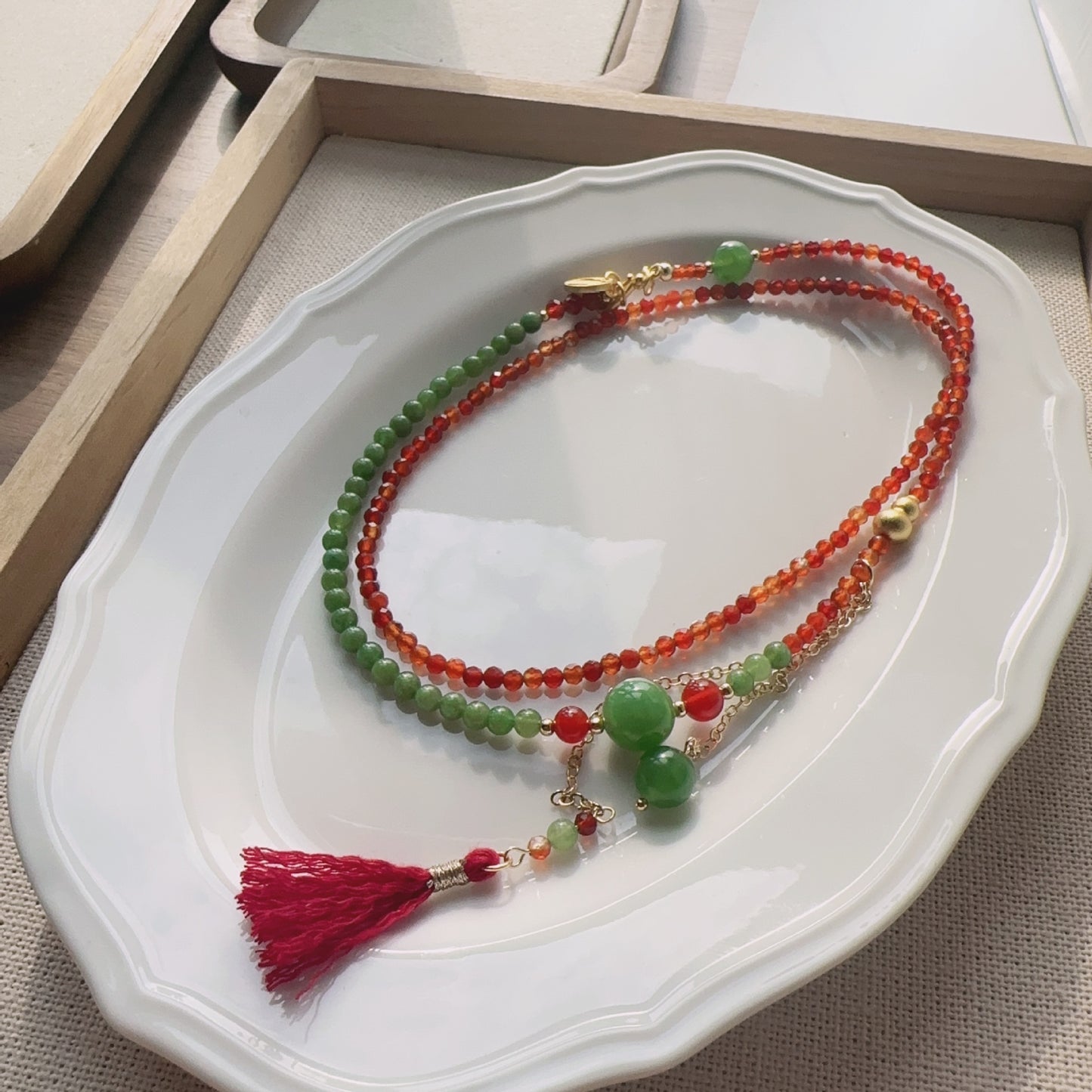 Beaded Necklace with Contrasting Red Agate and Green Chalcedony Tassels - Fringed Lapel Necklace