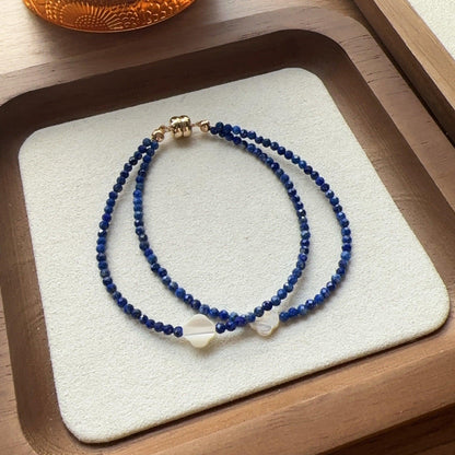 Lapis Lazuli Shell Four-Leaf Clover Bracelet – Handmade Natural Stone Beaded Necklace – Royal Blue Choker Chain