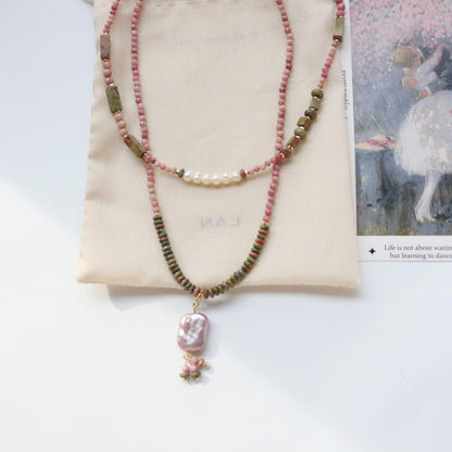 New Pearl Natural Stone Red Agate New Chinese Style Pink Pendant Short Necklace Creative Handmade Beaded Neck Chain