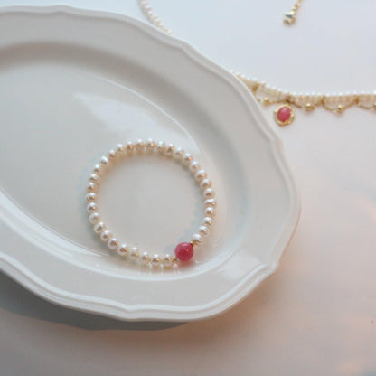 Sweet Vintage Red Agate Necklace with Natural Freshwater Pearl Bracelet - Individualized Charm