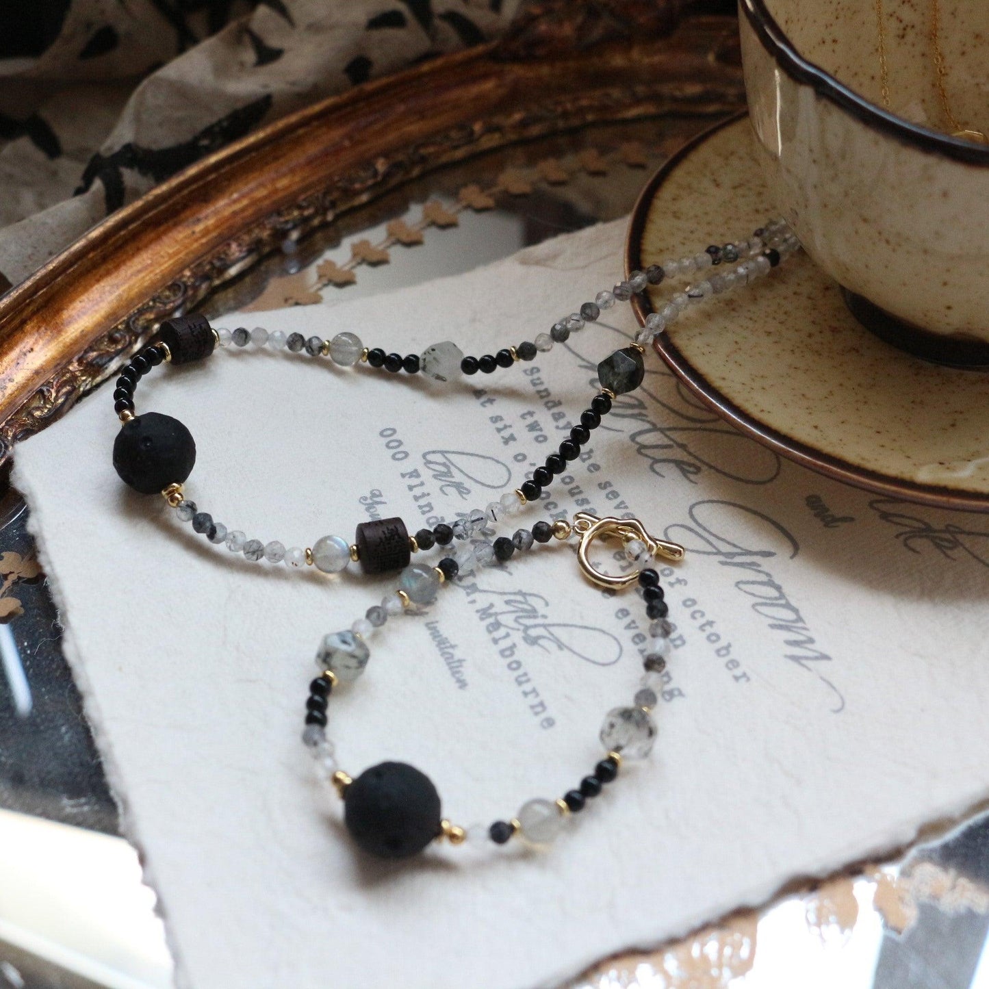 Sedum Black Hair Crystal & Silver Yew Stone Pendant Necklace with 7A Grade Onyx Black Mythic Bracelet Collection