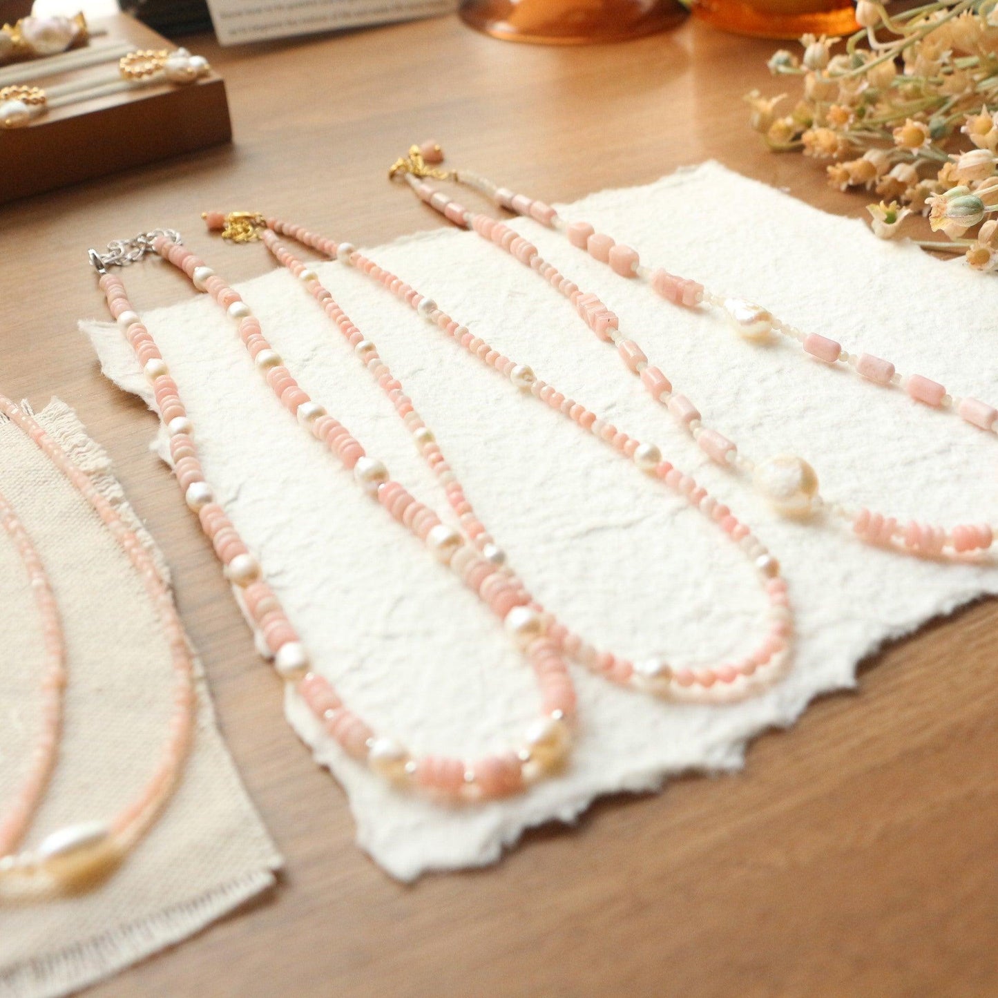 Niche Vintage Natural Stone Beaded Necklace – Handmade Pink Opal & Freshwater Pearls, Original Design