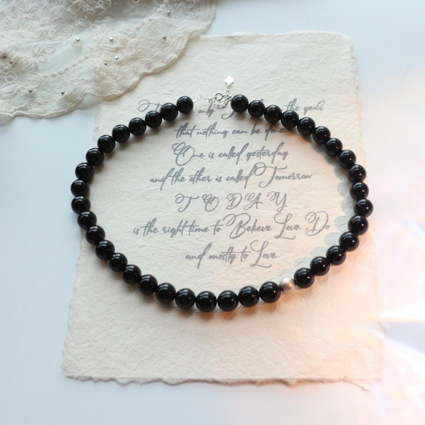 Vintage 7A Natural Black Onyx Beaded Necklace | Collarbone Chain