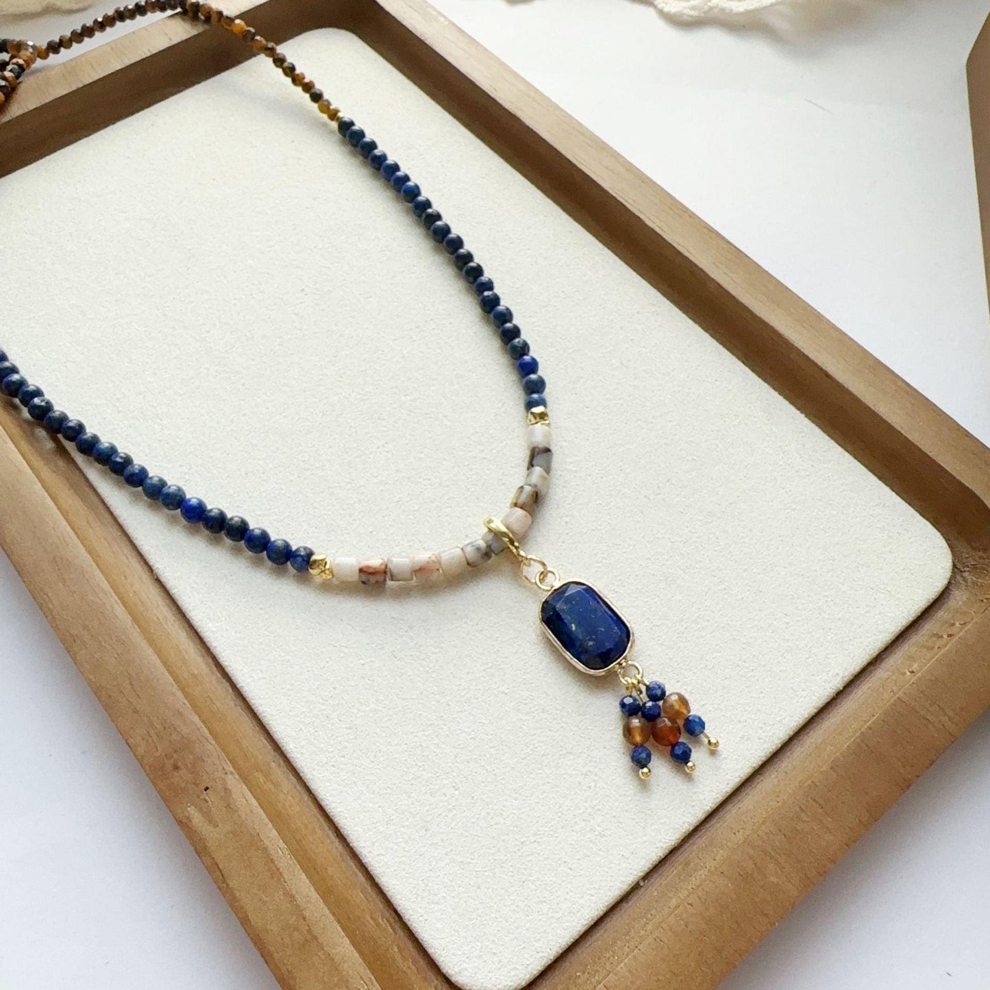 Lapis Lazuli Tiger Eye Natural Stone Beaded Necklace