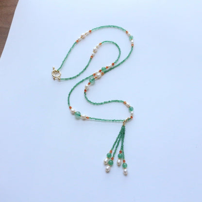 Fresh Jiangnan Green Strawberry Crystal Red Orange Agate Green Dongling Natural Stone Beaded Long Tassel Sweater Necklace