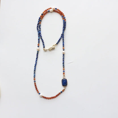 New Orange Garnet, Lapis Lazuli & Baroque Pearl Long Sweater Chain Vintage Necklace – Dunhuang Style for Women