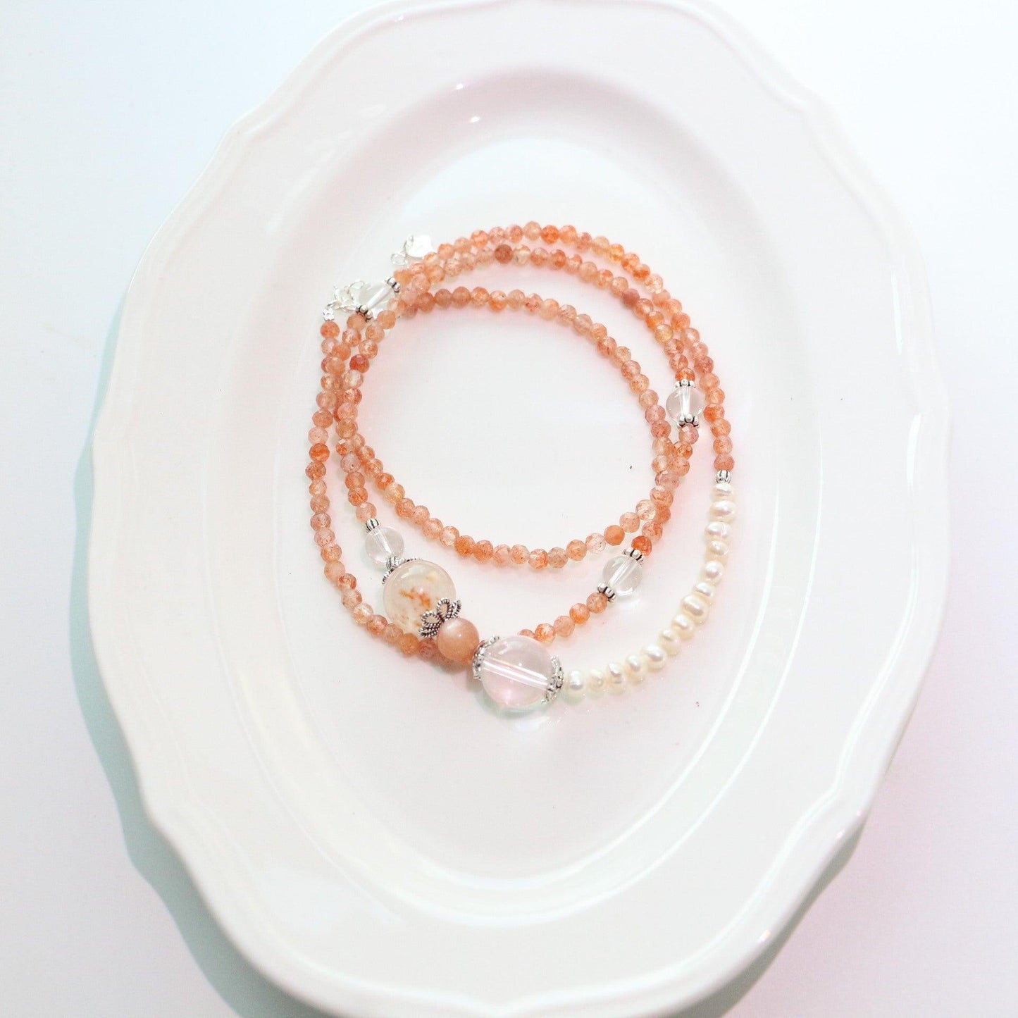 Vintage Natural Sunstone & White Crystal Beaded Necklace – S925 Sterling Silver, Freshwater Pearls, Long Sweater Chain