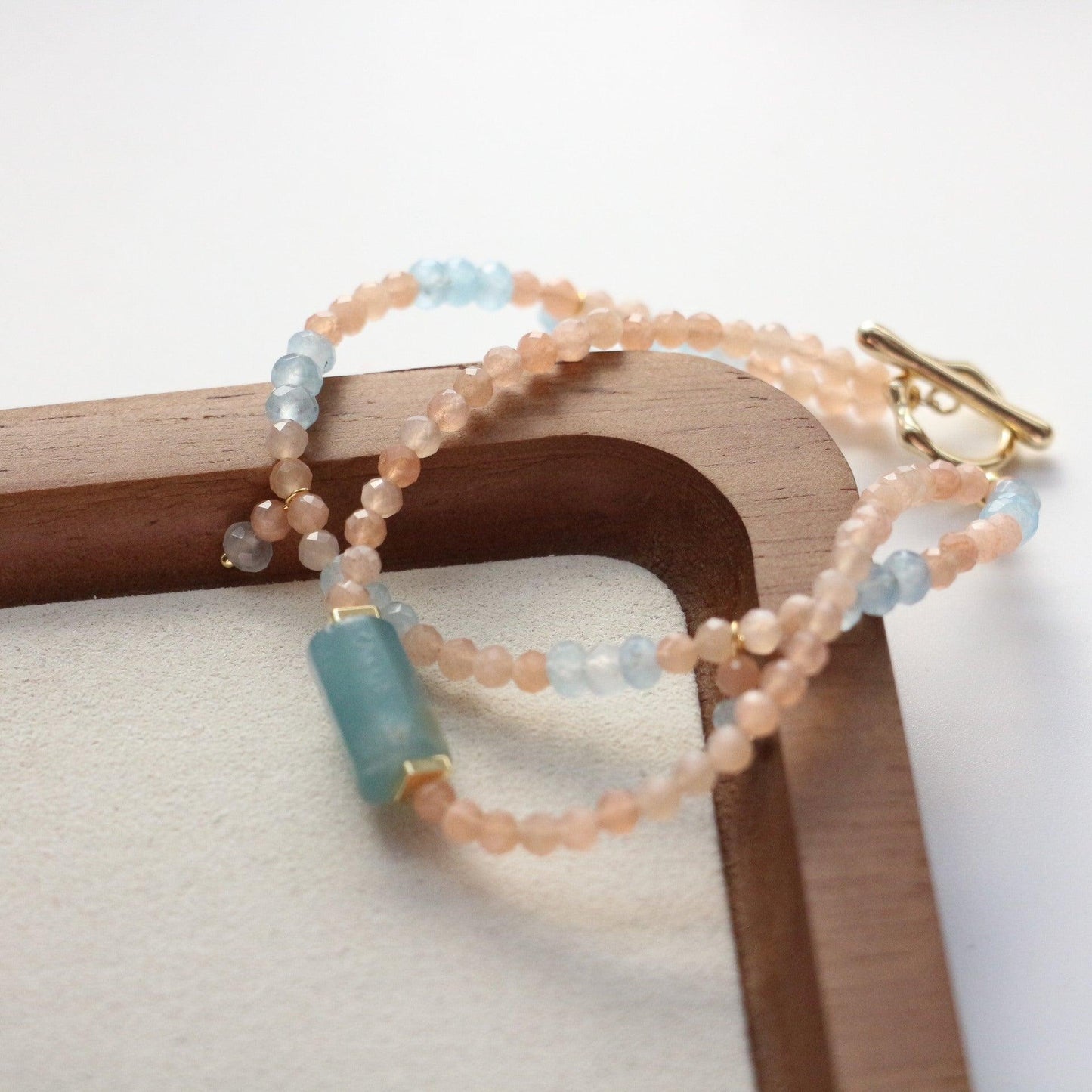 Aquamarine Blue Calcite & Sunstone Double Layers Necklace & Bracelet – Natural Stone Beaded Jewelry