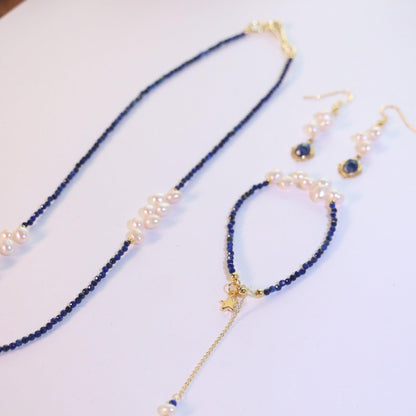 Lapis Lazuli Natural Freshwater Pearl Necklace with Petal Bead Pendant – Creative Fashion Long Chain Bracelet