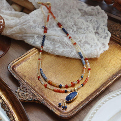 Red Agate Bluestone Crystal Bracelet, Ring, Earrings & Lapis Lazuli Pendant – Double Layer Niche Retro Ethnic Style Jewelry Set