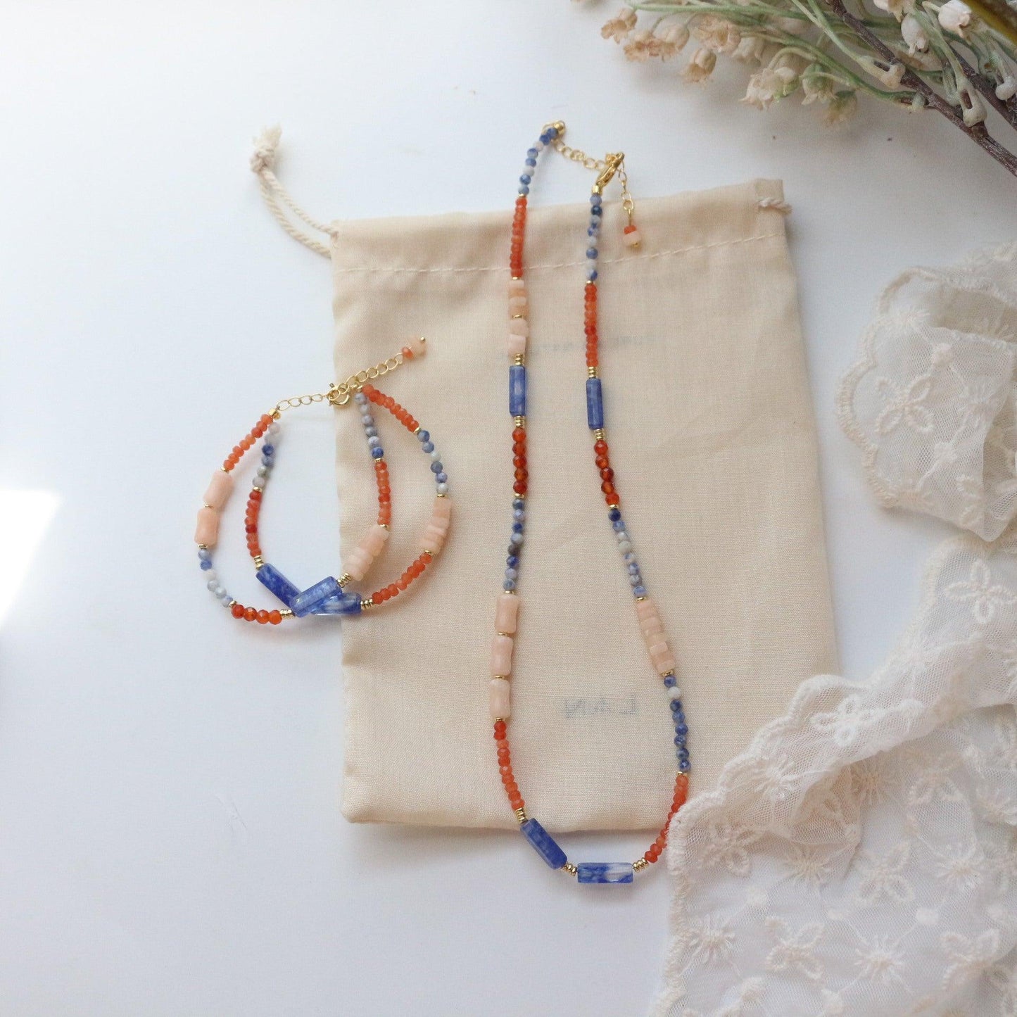 Orange-Blue Color Block Beaded Necklace | New Chinese Style