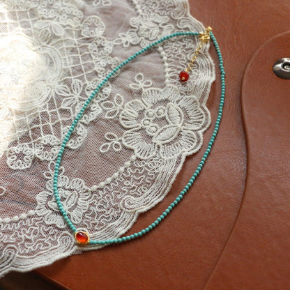 New Chinese Style Natural Turquoise Beaded Red Agate Necklace Bracelet Collarbone Chain