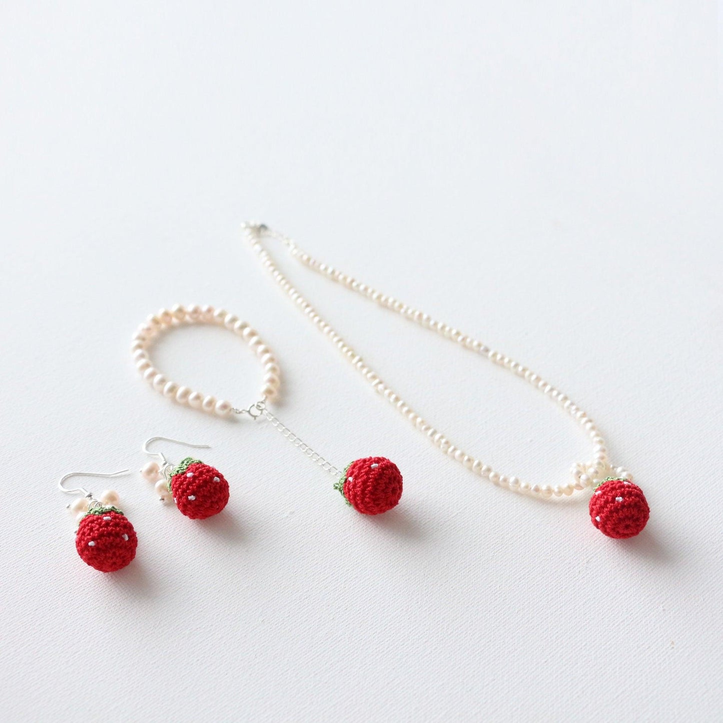 New 925 Silver Freshwater Pearl Necklace with Cute Red Strawberry Earrings and Sweet Bracelet