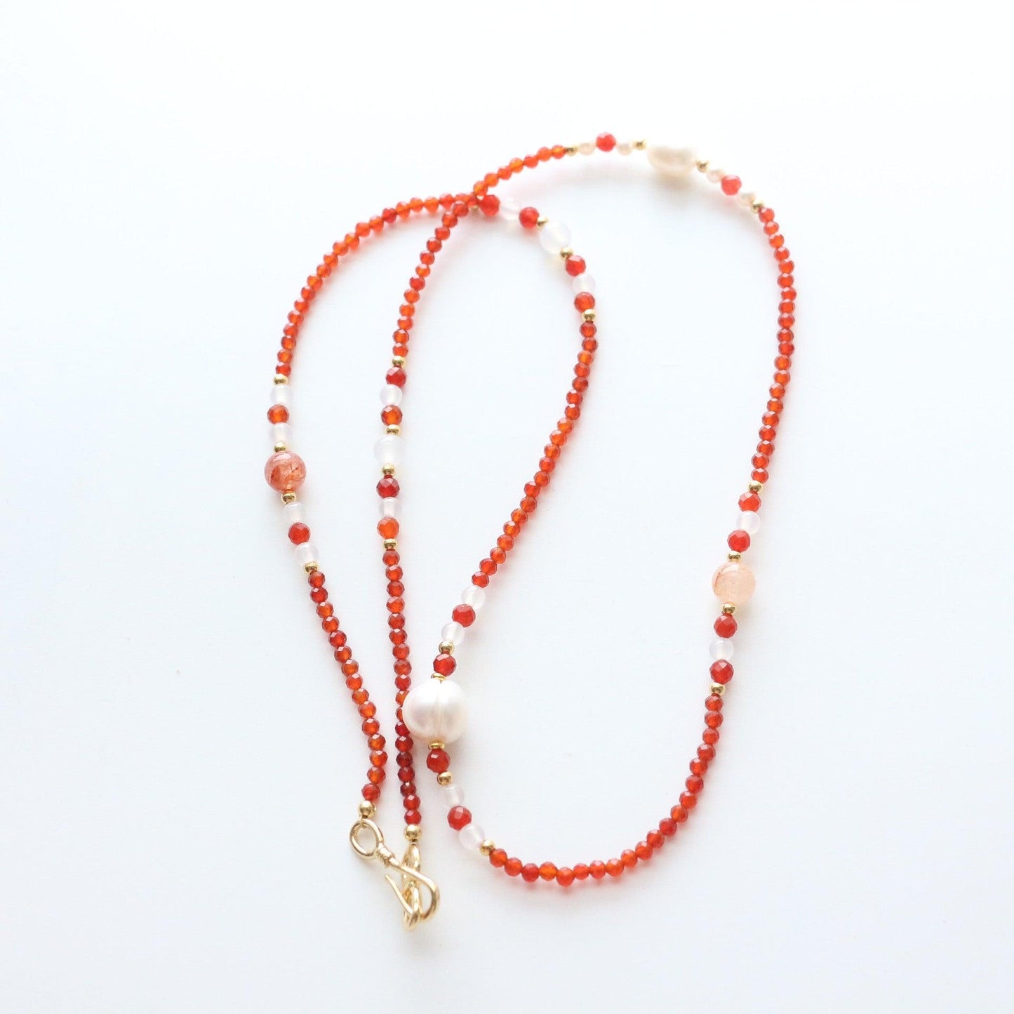 Handcrafted Vintage White Agate and Red Agate Sweater Chain with Red Resin Flower and Pearl Bead Necklace – Versatile Long Neck Chain