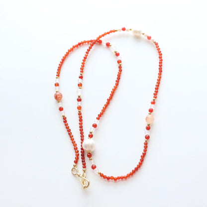 Handcrafted Vintage White Agate and Red Agate Sweater Chain with Red Resin Flower and Pearl Bead Necklace – Versatile Long Neck Chain