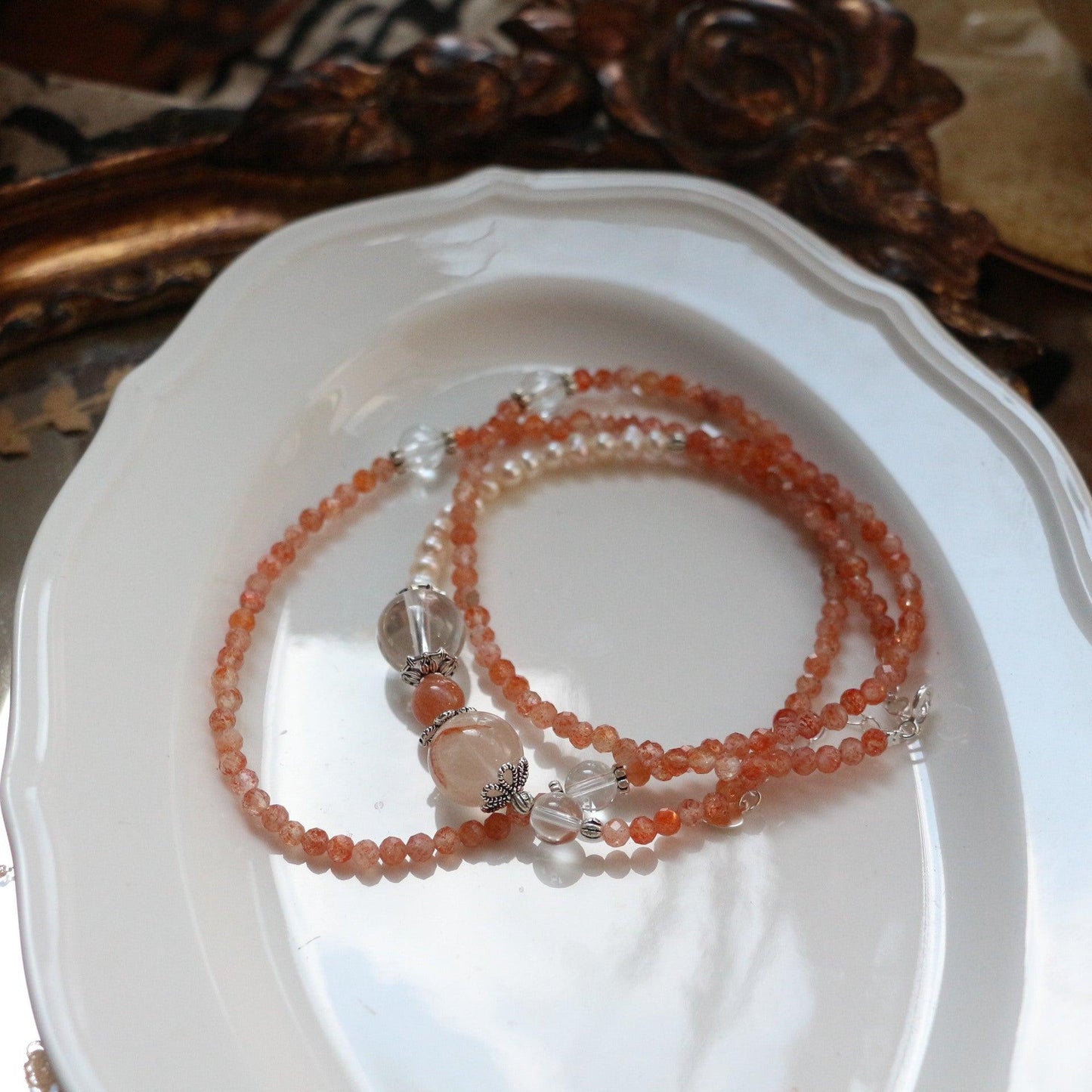 Vintage Natural Sunstone & White Crystal Beaded Necklace – S925 Sterling Silver, Freshwater Pearls, Long Sweater Chain