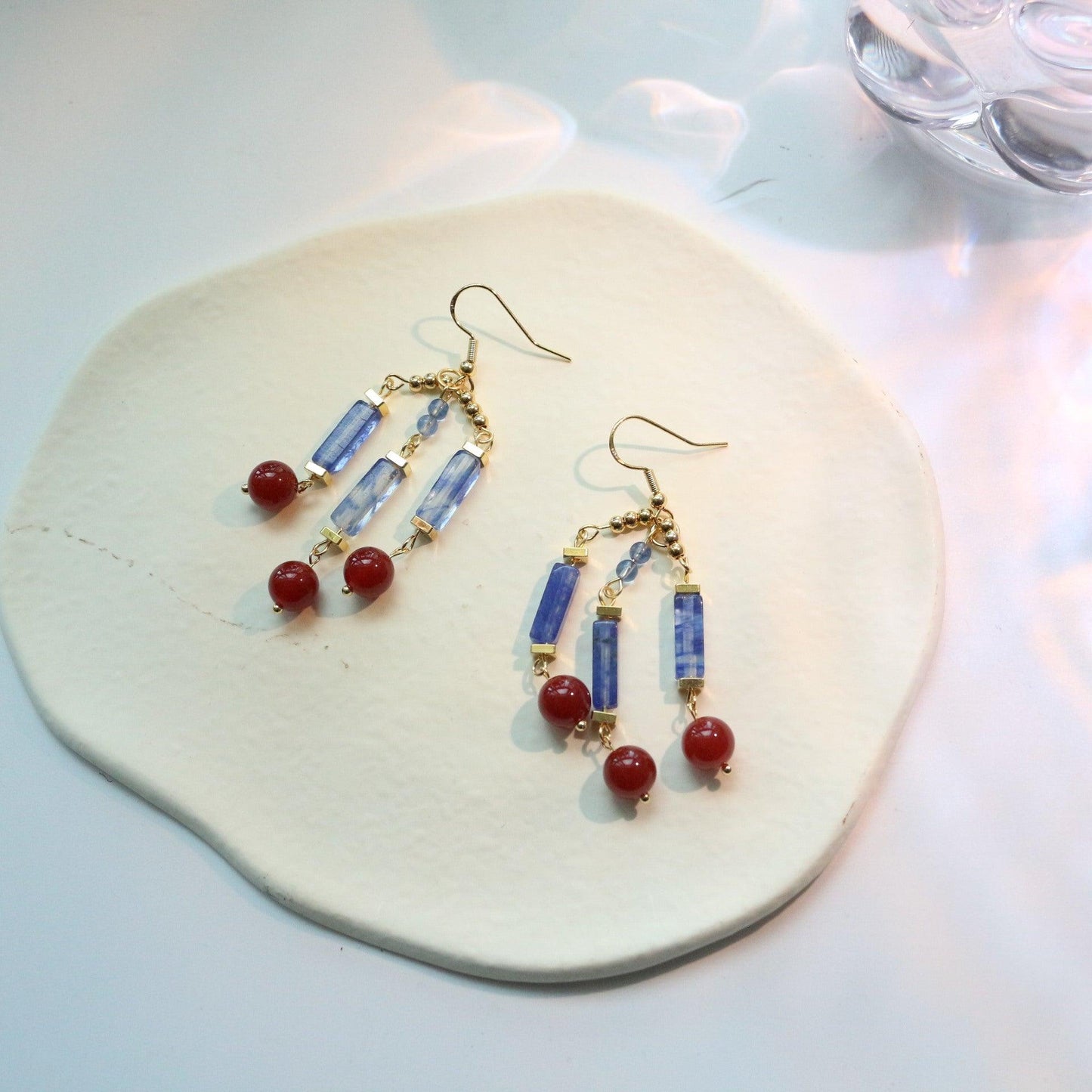 Elegant Dunhuang-Style Blue & Red Natural Stone Beaded Hook Earrings