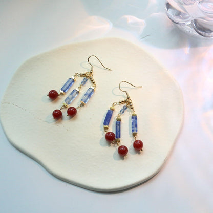 Elegant Dunhuang-Style Blue & Red Natural Stone Beaded Hook Earrings