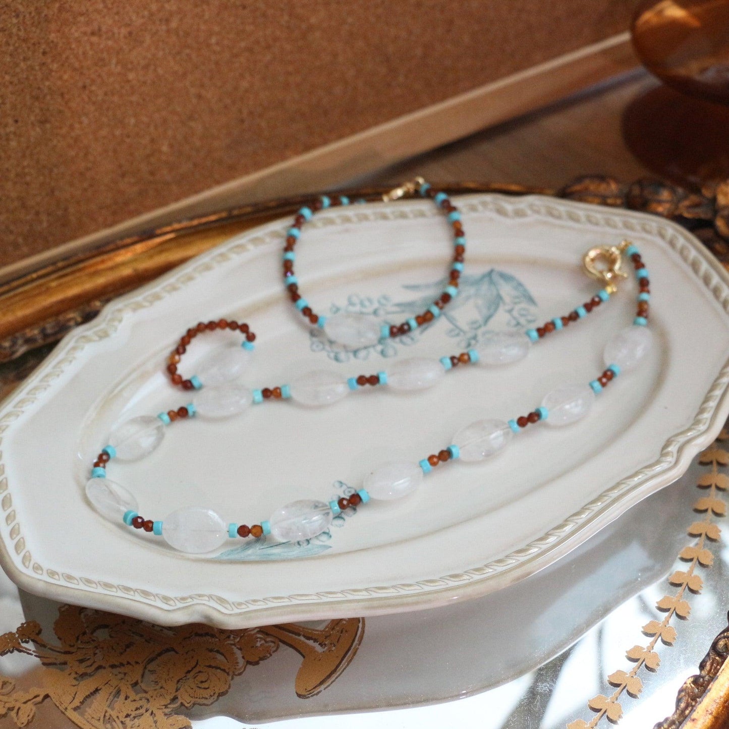 Oval White Crystal Natural Turquoise Beaded Handmade Necklace Ring Bracelet Set