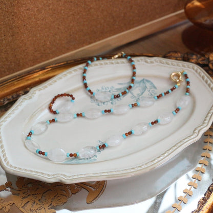 Oval White Crystal Natural Turquoise Beaded Handmade Necklace Ring Bracelet Set